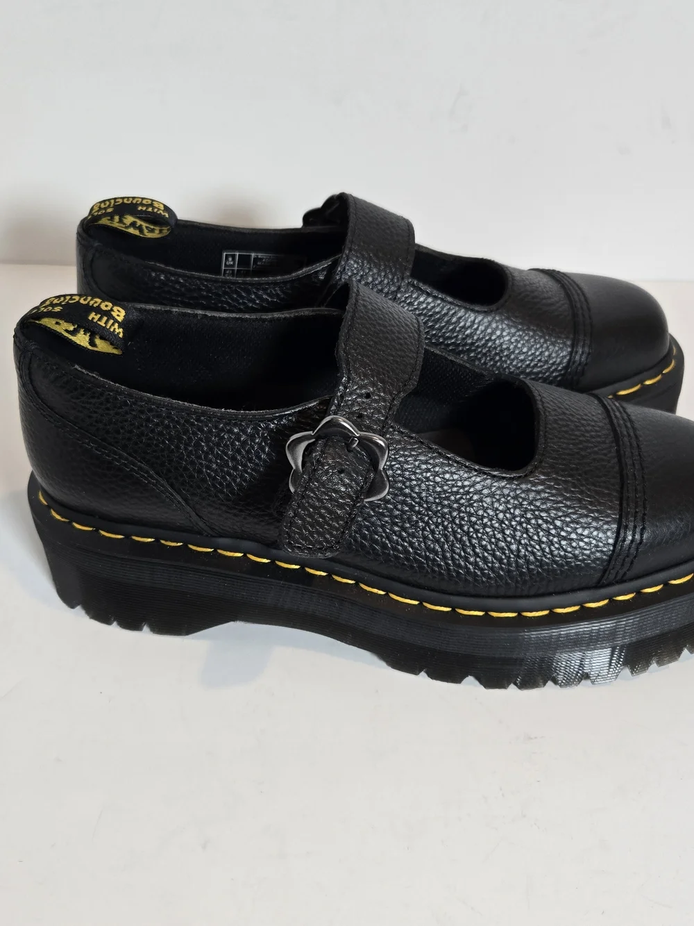 Dr. Martens Black Leather Mary Jane Shoes with Yellow Stitching